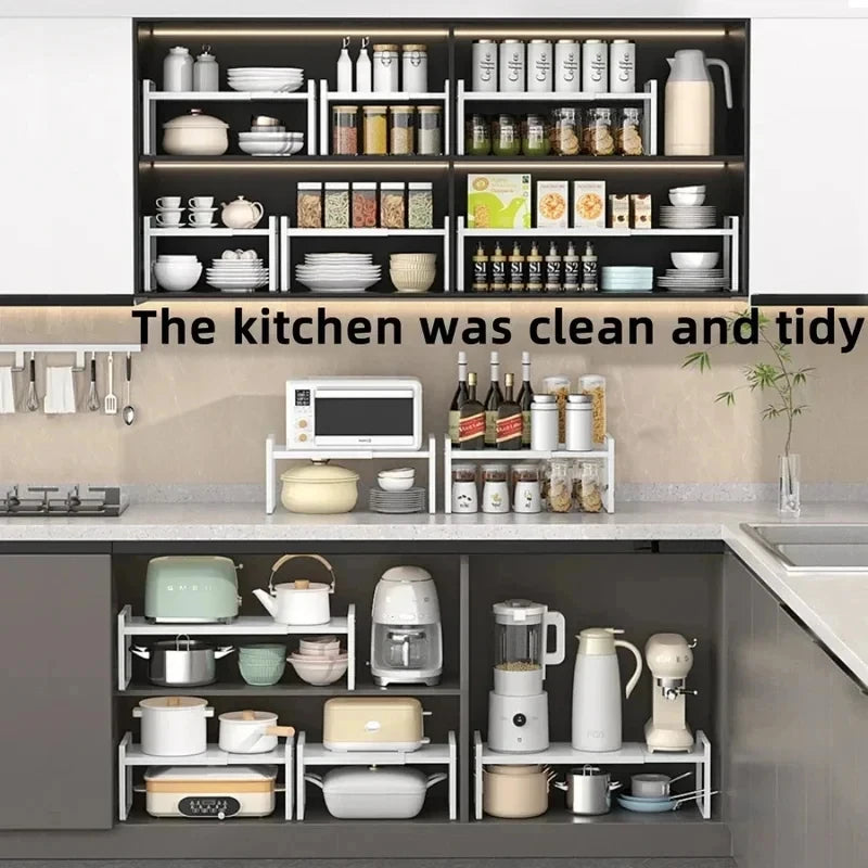 Layered Expandable Kitchen Storage Shelf Multi Level Cabinet Organizer for Seasoning Dish Arrangement Home Daily Use