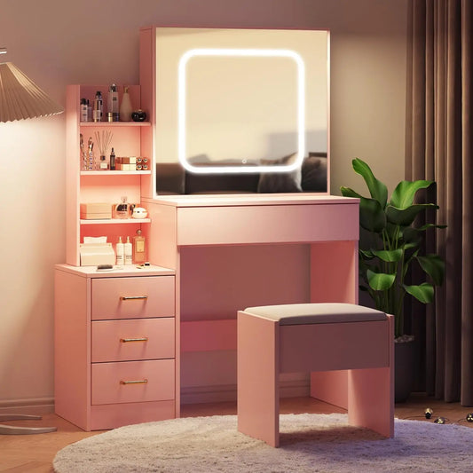 Vanity Desk with Mirror and Led Lights, Makeup Vanity Desk with Sliding Lighted Mirror, Dressing Table Storage for Bedroom