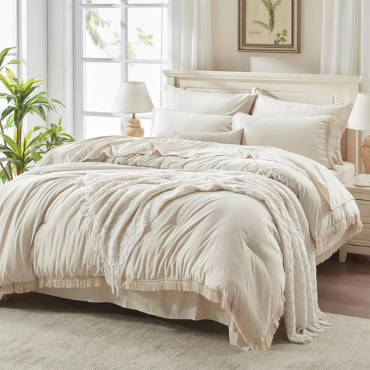 Comforter Set King Size, with Sheets 7 Pieces Boho Tassel Bed in a Bag Soft Lightweight Bedding Sets, All Season Fringe Bed Set