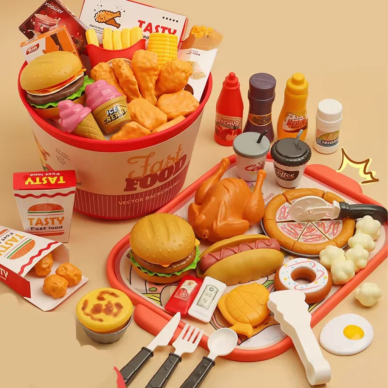 Children Pretend Play Kitchen Toys Sets Simulation Bread Burger Pizza Cooking Game Play House Party Activities Games Girl Toys