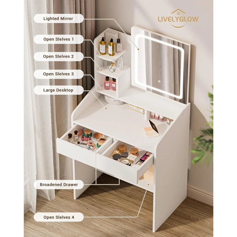 Small Vanity Desk Set with Square Mirror and Light- Vanity Desk with Drawer