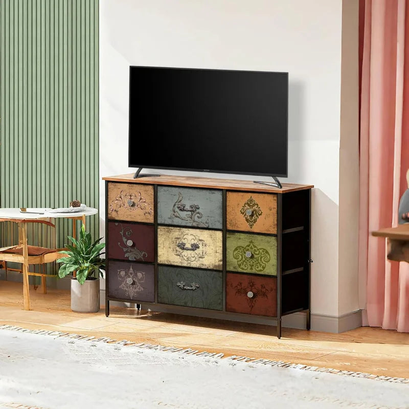 Dresser for Bedroom with 9 Deep Fabric Drawers, Wide TV Stand Storage Cabinet, Colorful Chest of Drawers for Closet, Nursery, En