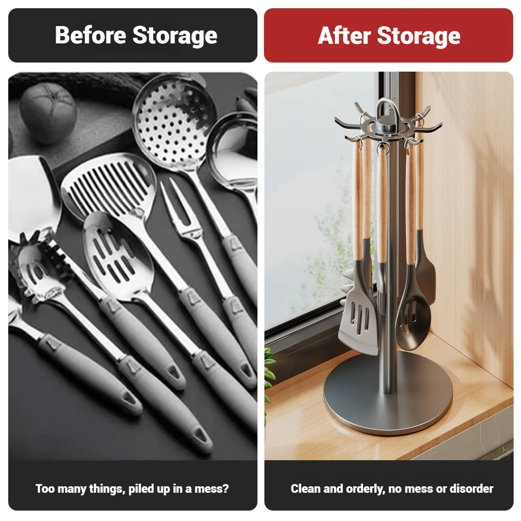 Kitchen Utensil Stand: Rotating Storage Hanger with 8 Hooks, for Countertop Organization Rotatable Cooking Utensils Holder