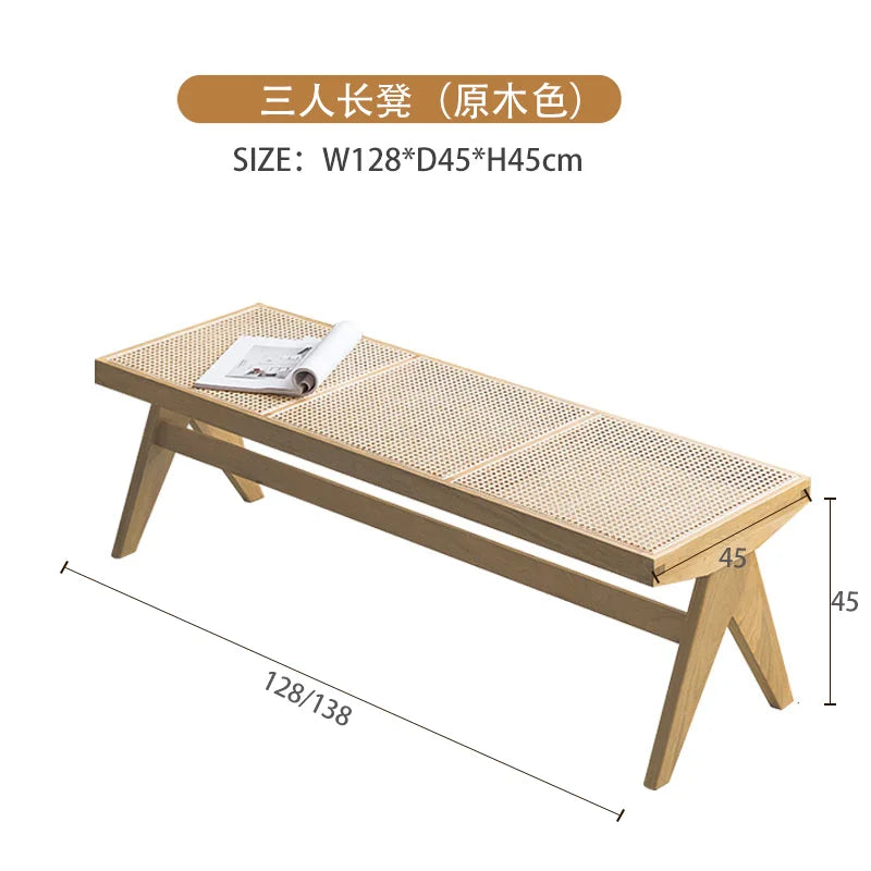 Handmade Rattan Bench with Wabi - Sabi Flair: Solid Wood, Multifunctional for Home & Shoe Storage