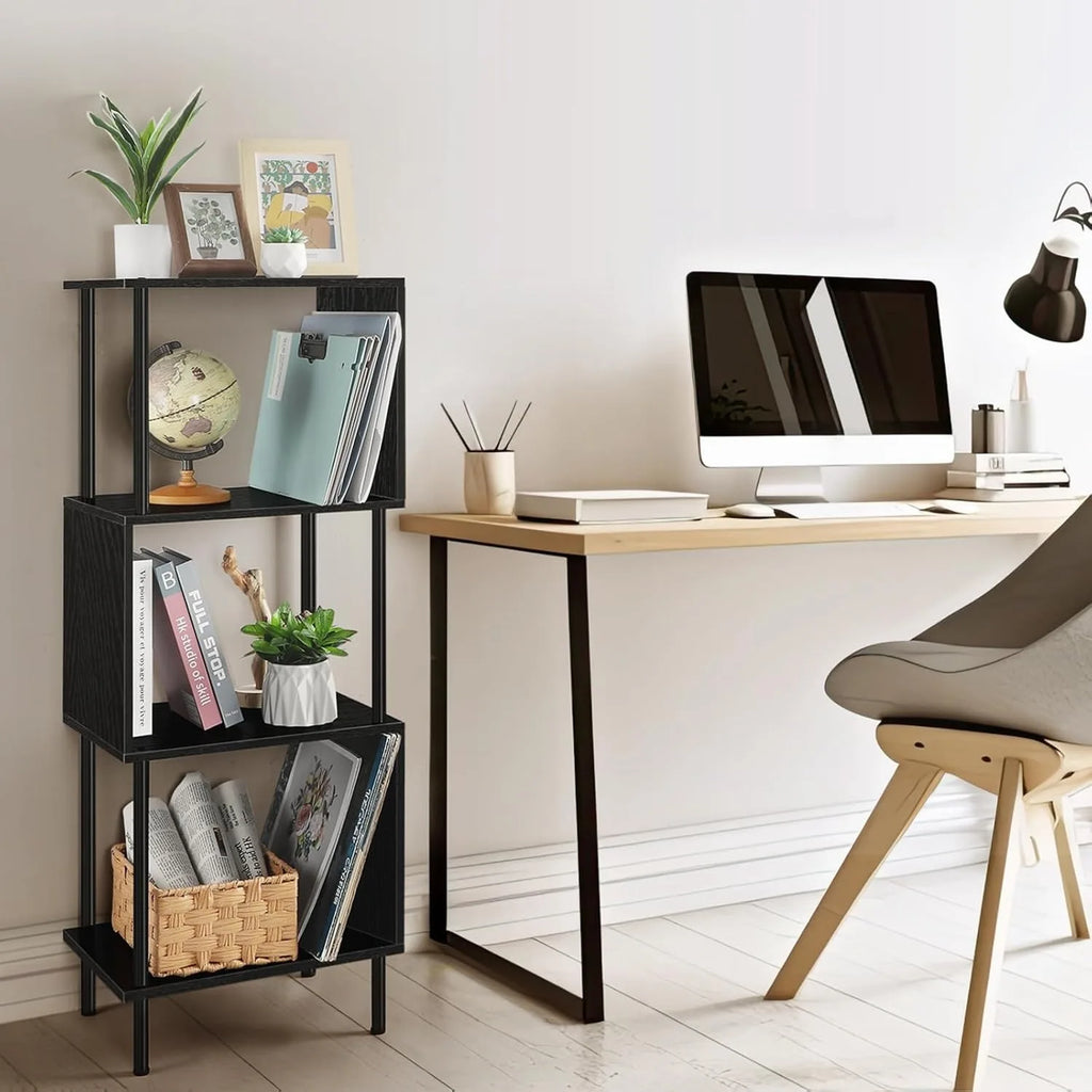 3-Tier Black S-Shaped Space-Saving Bookshelf for Small Rooms | Multi-Use in Office,Kids,Living Room,Bedroom & Home Corne