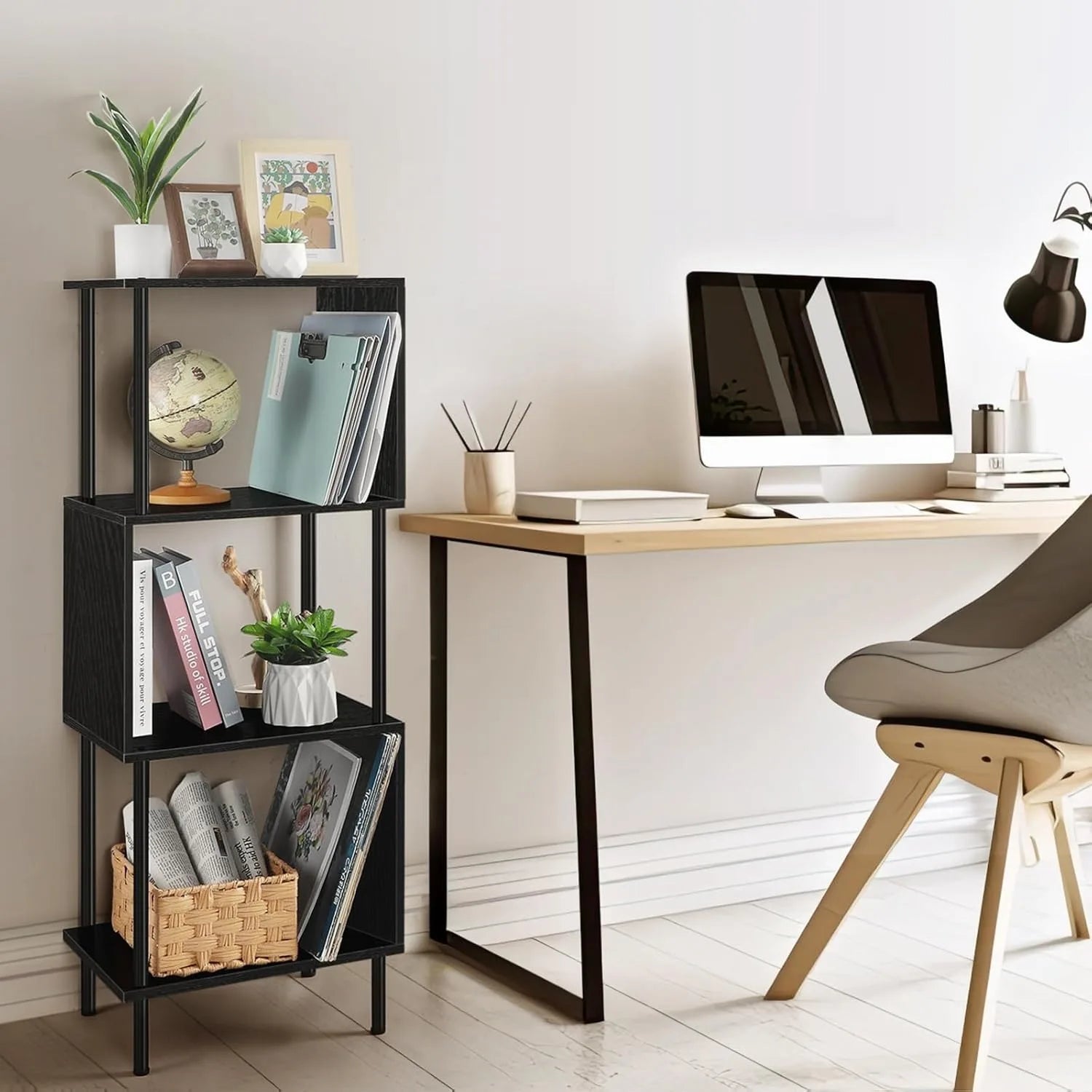 3-Tier Black S-Shaped Space-Saving Bookshelf for Small Rooms | Multi-Use in Office,Kids,Living Room,Bedroom & Home Corne