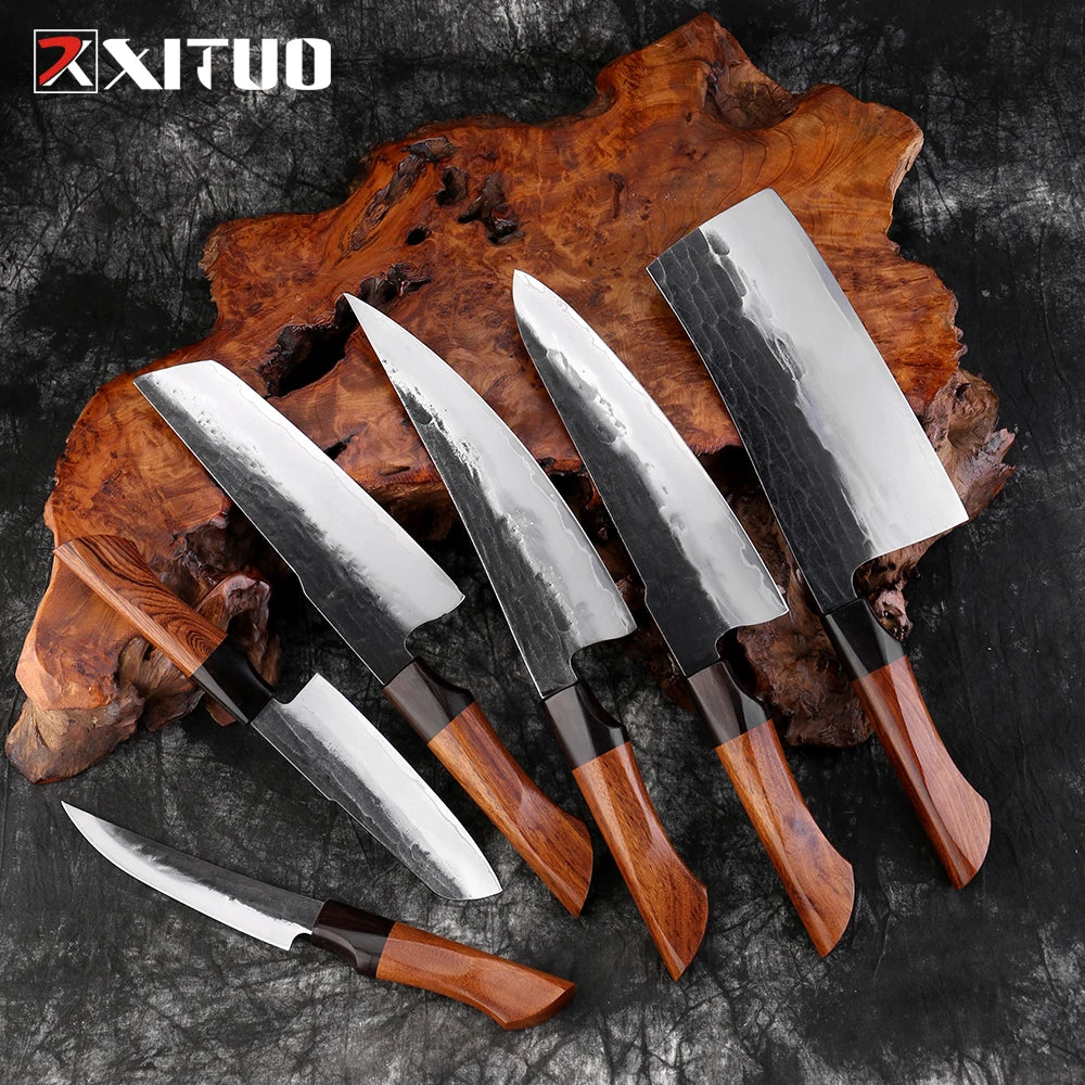 XITUO Kitchen Knife 1-6pcs Set Super Sharp Chef Knife Cooking knives Hand Forged Triple-layer Composite Steel 9CR18 Core