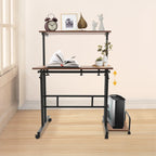 Height Adjustable 67-115CM Double Board Foldable Small Desk, Simple Office Multifunctional Computer Desk, Walnut Color