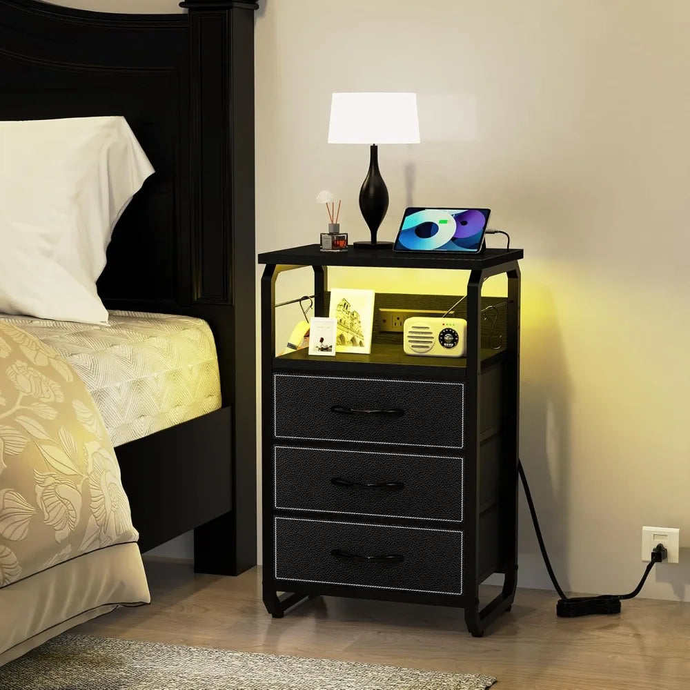 Bed Side Table with 3 Fabric Drawers,  LED Nightstand with Hooks, Bedside Table with Charging Station, End Table with Storage