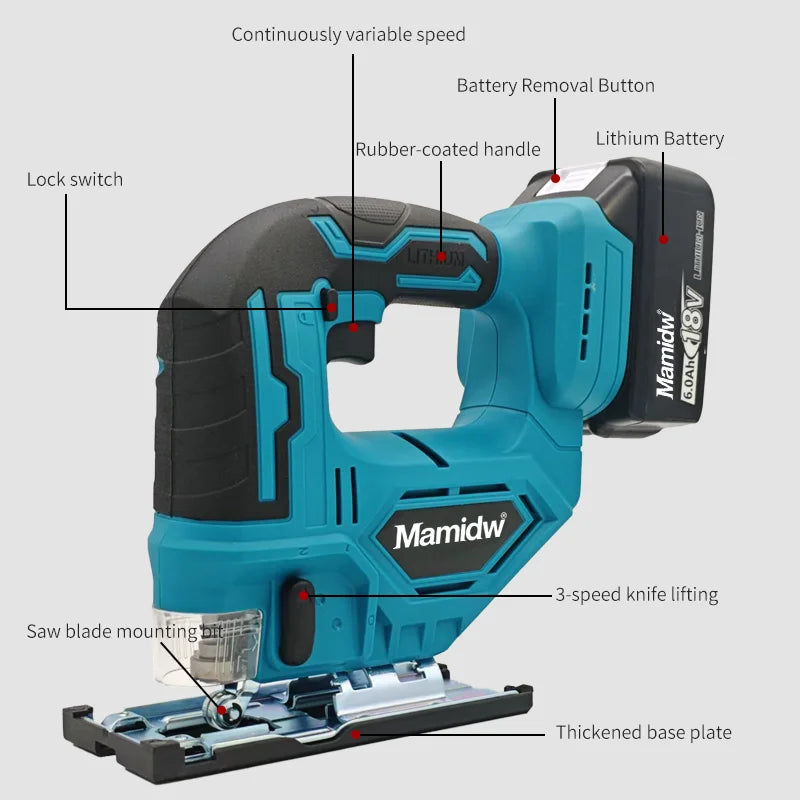 Mamidw Brushless 340W Jigsaw Electric Jig with Saw Blade Cordless Barrel Handle Jigsaw For Makita 18V Battery Pin