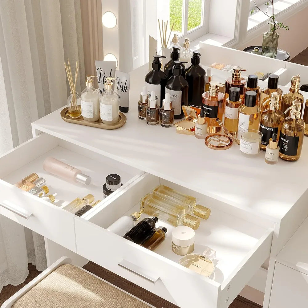 46.7" W Makeup Vanity Set with LED Lights & Mirror – Vanity Desk with 5 Drawers, 3 Color Lighting Modes, Dressing Table for Bedr