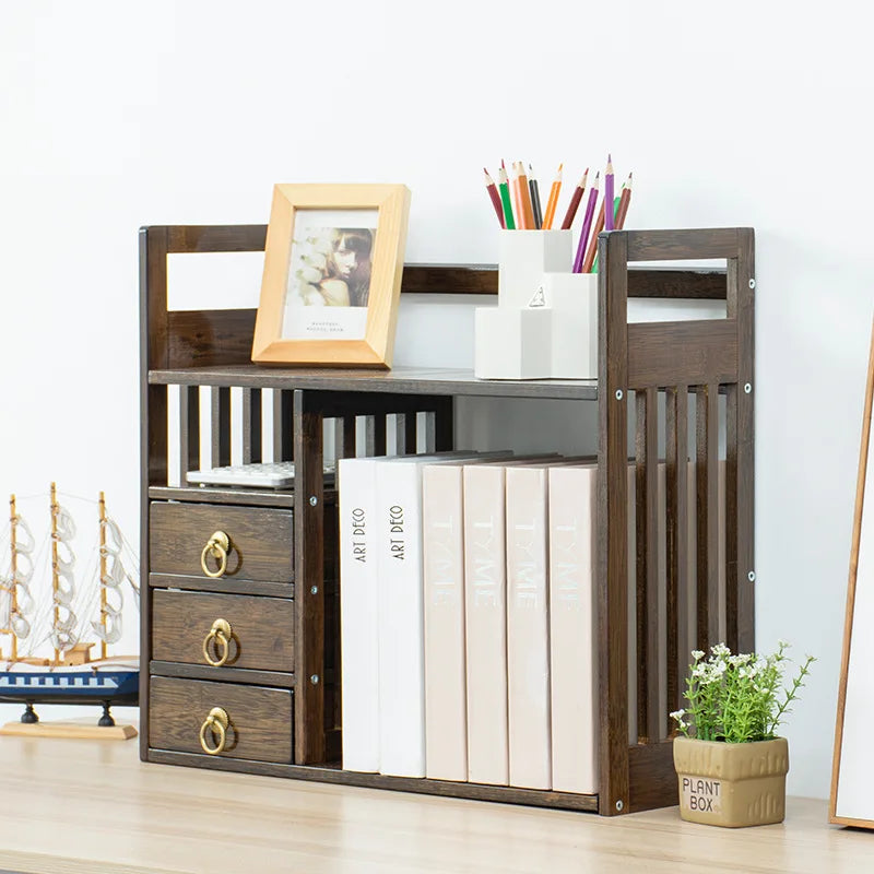 Bamboo Desktop Bookshelf with 3 Drawers, Desktop Storage Cabinet, Office Storage Organizer Student Desktop Multi-Layer Shelf