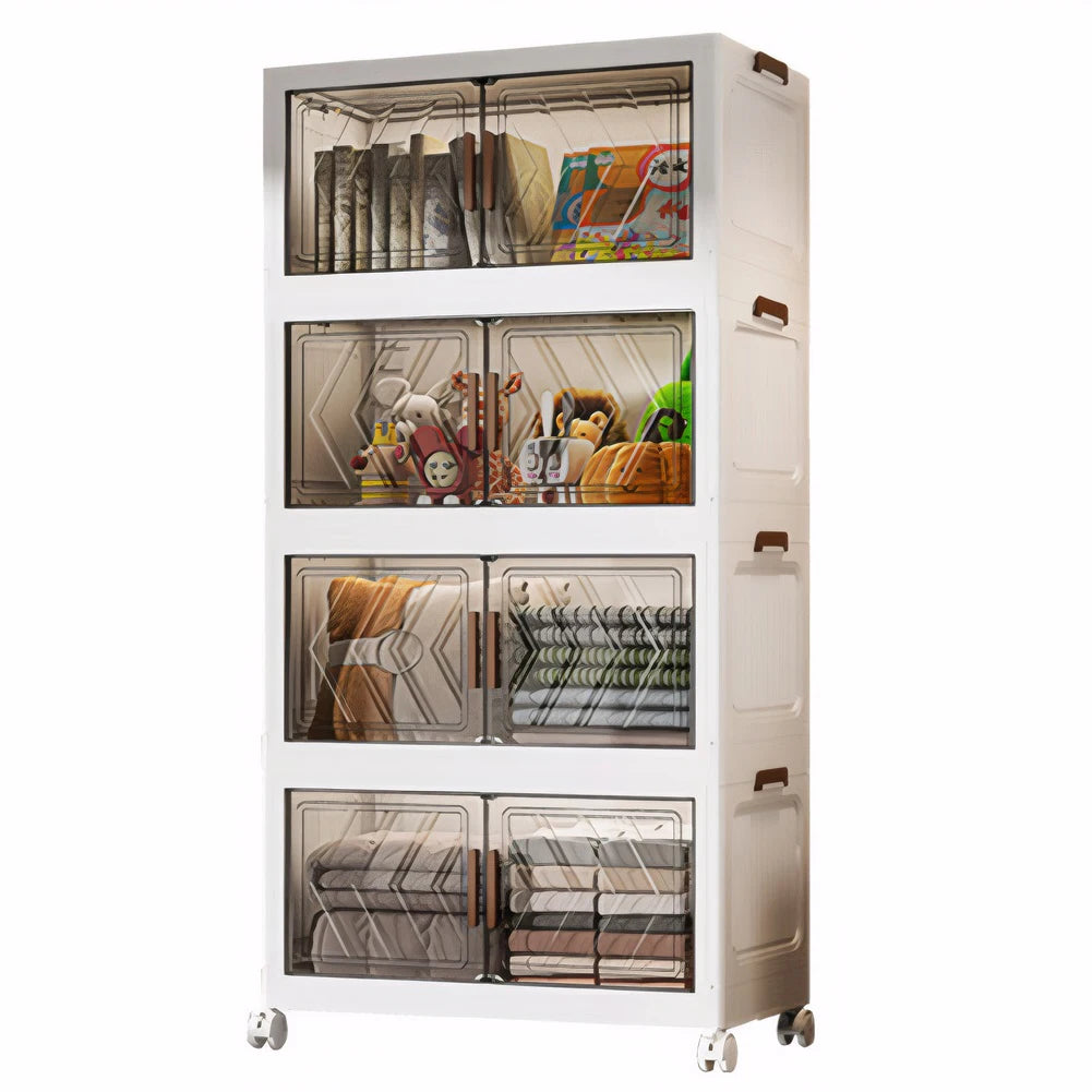 4 Tier Plastic Storage Containers with Doors & Wheels Foldable Organization Folding Storage Boxes for Living Room Bedroom Office