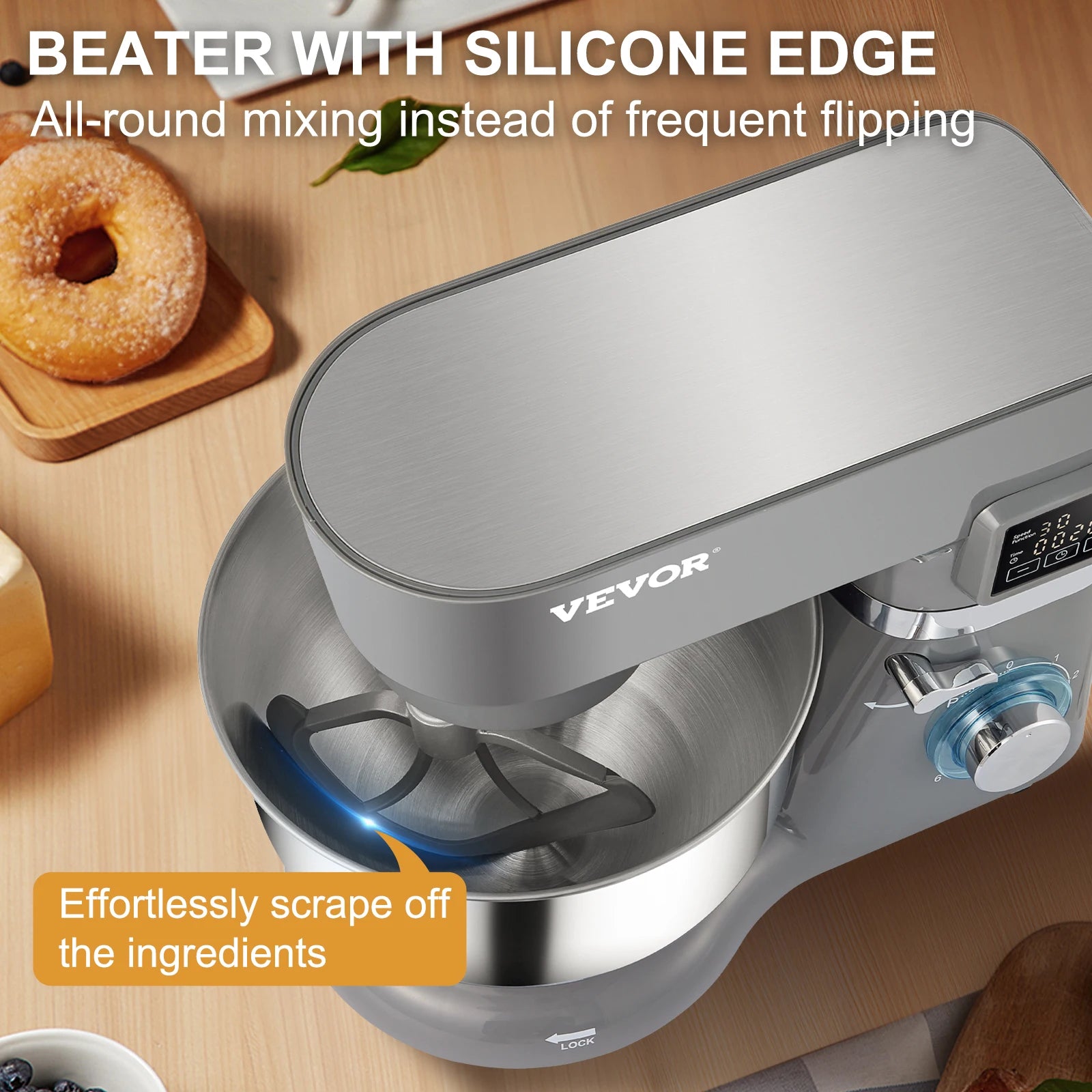 VEVOR Stand Mixer 660W Electric Dough Mixer with 6 Speeds LCD Screen Timing 5.8 Qt Stainless Steel Bowl Dough Hook Flat Beater