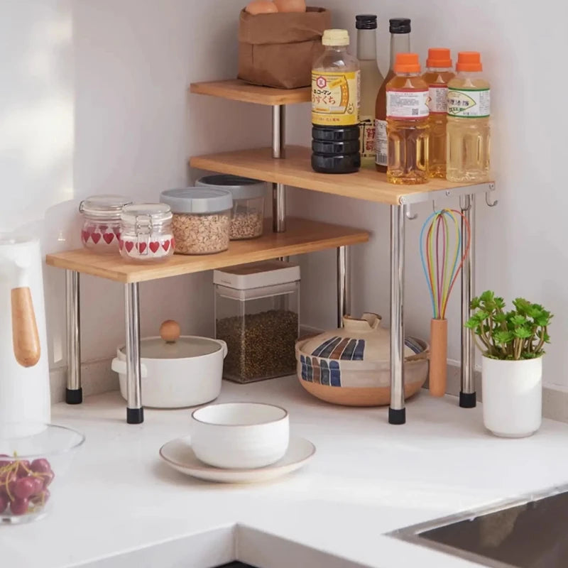 Bamboo Countertop Kitchen Corner Shelf Organizer Rack for Spices Seasoning Pots Desktop Flower Pot Display Stand