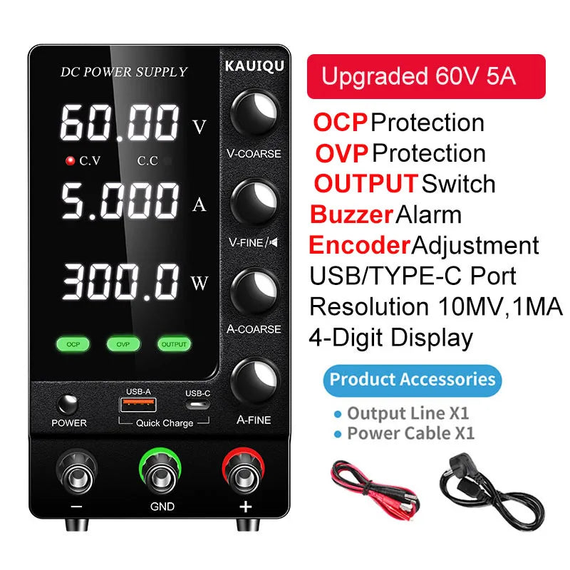 KUAIQU 2024 Newest OCP OVP DC Adjustable Laboratory Power Supply 30V 10A 5A Output Switch USB-A TYPE-C Port Fast Charging 120V