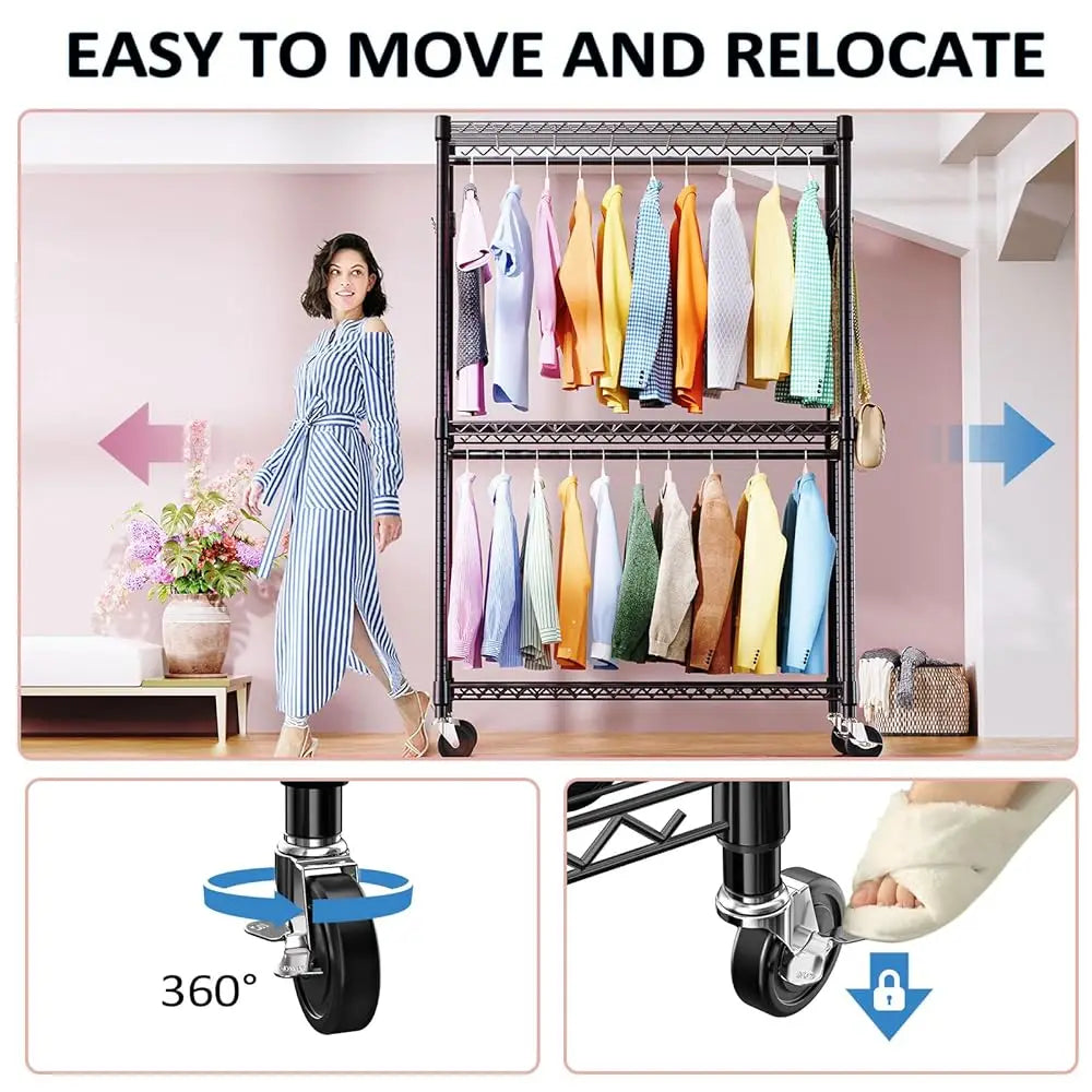 3 Tier Heavy Duty Rolling Garment Ra Wire Clothes Ra For Hanging Clothes, Metal Freestanding Closet Wardrobe With Double Rods