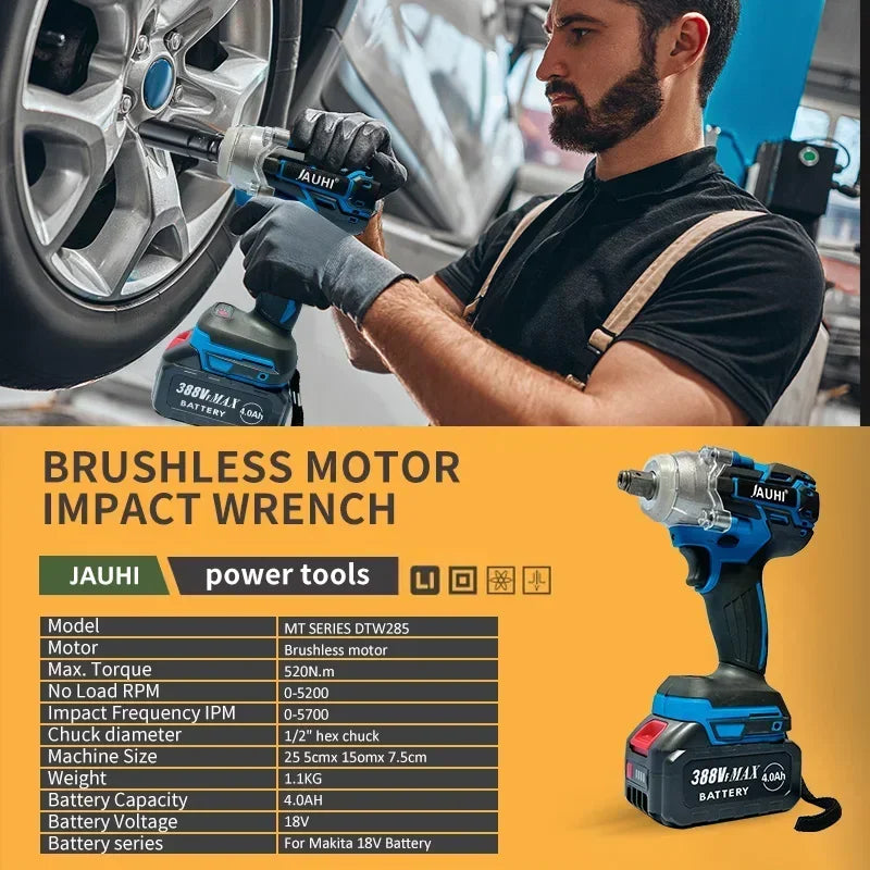 JAUHI 520N.M Brushless Electric Impact Wrench Cordless Electric Wrench 1/2 Inch Screwdriver Power Tools For Makita 18V Battery