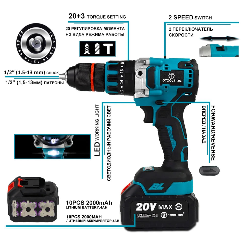 20V 13mm Brushless Impact Drill 20 Torque 120NM Cordless Impact Drill Screwdriver Drill Ice Drill Electric Drill Li-ion Battery