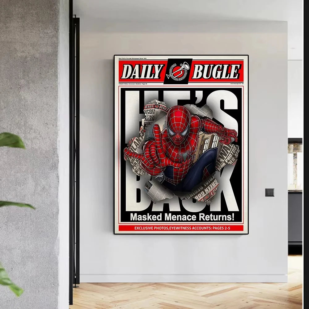 Marvel  Funny Spiderman Poster And Print HE'S  BACK Canvas Painting Comic Wall Art Living Room Home Decoration Gift