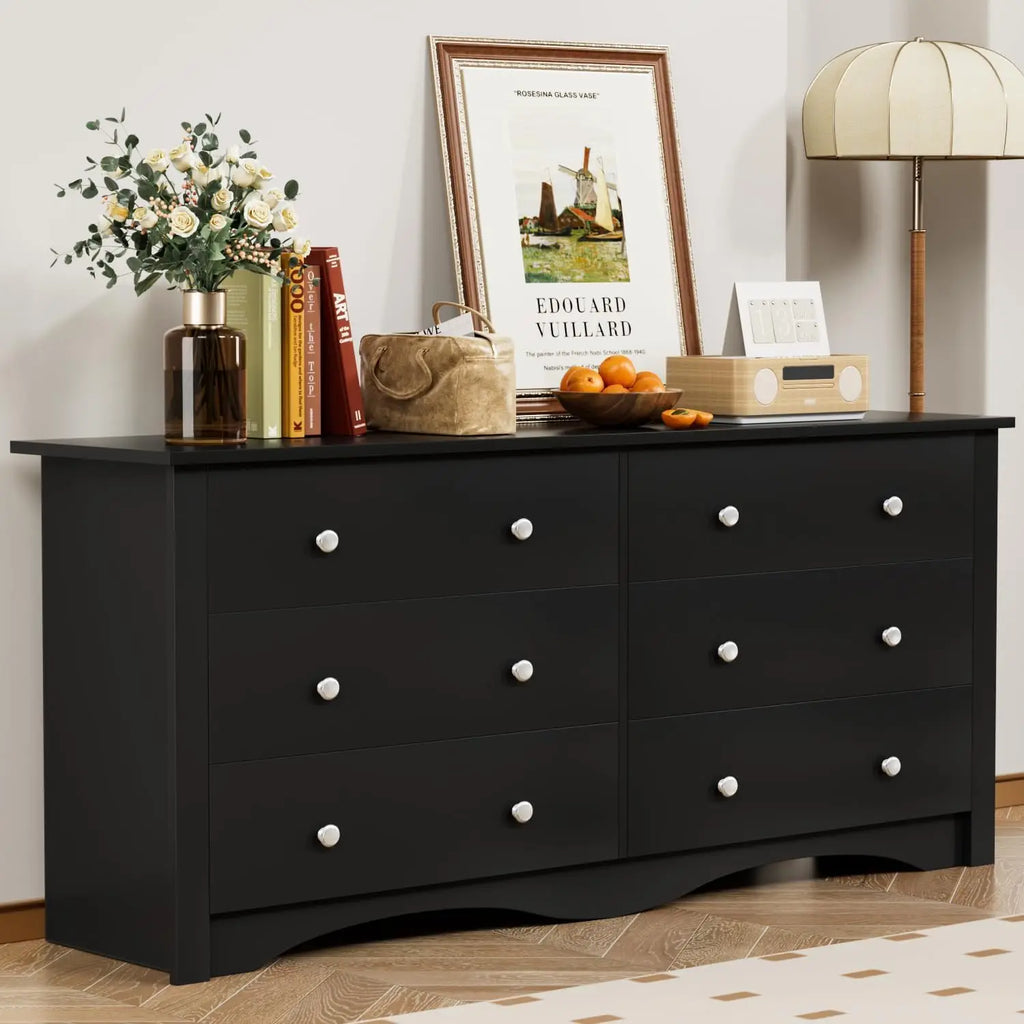 Dresser for Bedroom with 6 Drawer, Wood Wide Chest Storage Organizer and TV Stand for Living Room, Hallway, Dormitory