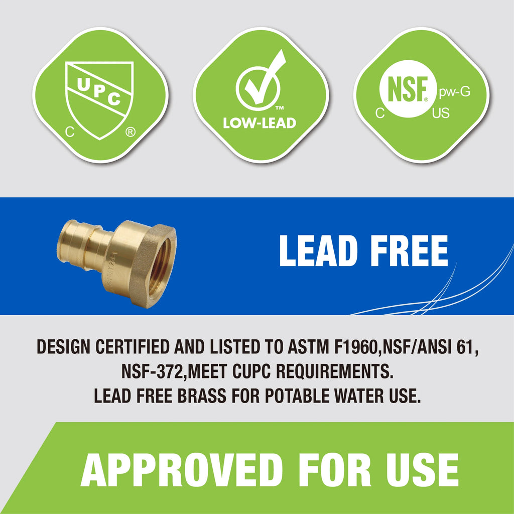 KING SMART  F1960/Wisbo/PEX A Expansion PEX 3/4" * 3/4" Female NPT Straight Female Adapter; 6Pcs/Case; Lead Free Brass; 80261