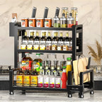 Kitchen Spice Rack Organizer, 3 Tier Adjustable Metal Storage with Knife Holder Hooks Black