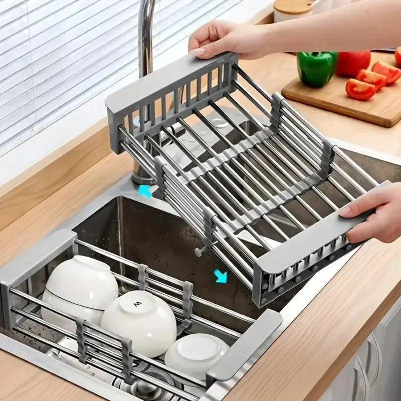 Stainless Steel Kitchen Sink Drain Rack Telescopic Utensil Rack Fruit Vegetable Washing Storage Rack Household Kitchen Accessory