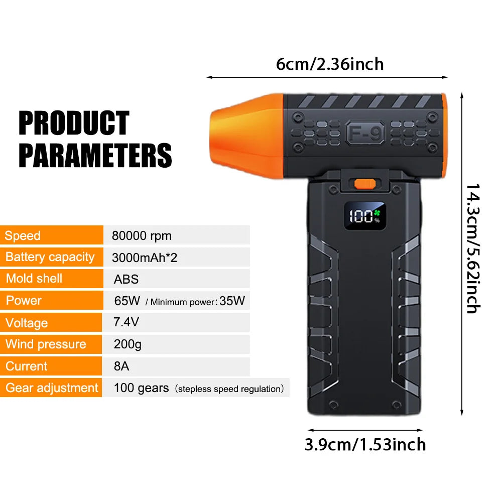 Electric Air Duster Turbo Jet Fan 80000RPM Mini Blower 100 Gear Stepless Adjustable Wind Speed Portable Digital for Car, Home