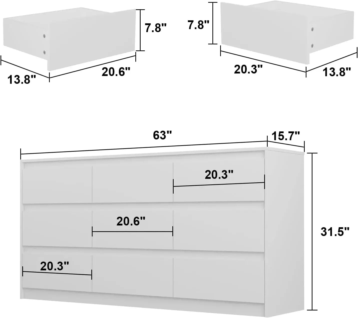 9 White Drawer Dressers, Modern Large Dresser for Bedroom Organize, Wooden Long Dresser with 9 Handle Free Drawers