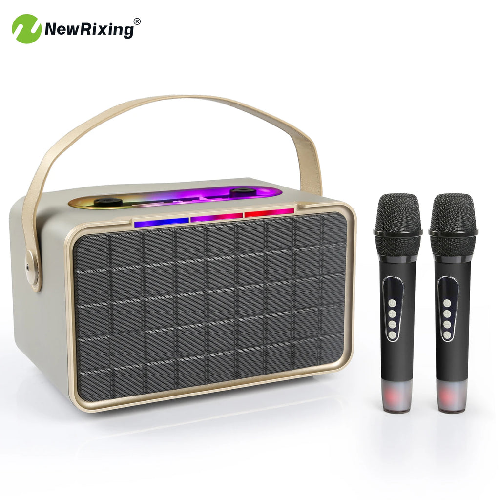Portable wireless speaker with 2 microphones, karaoke machine,40W high volume,knob buttons,RGB lights,supports BT,USB,AUX,TF,MIC