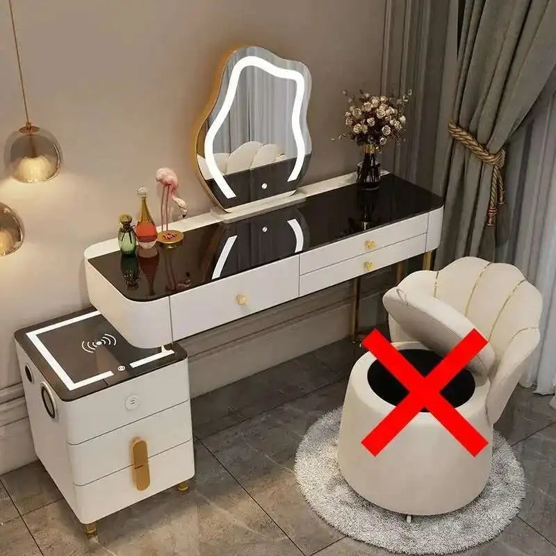 Luxury Glass Dressing Table with Smart Wireless Charging Bedroom Vanity Nightstand Makeup Table Drawers with Led Mirror Dresser