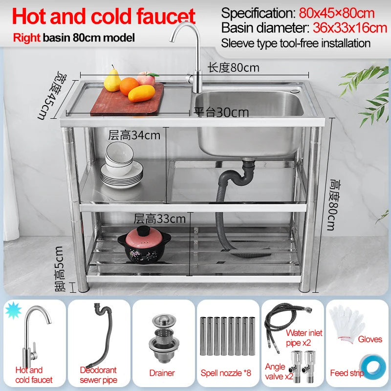Stainless Steel Sink Kitchen Household Thickened Single Trough with Bracket Wash Basin Sink with Platform Easy Landing