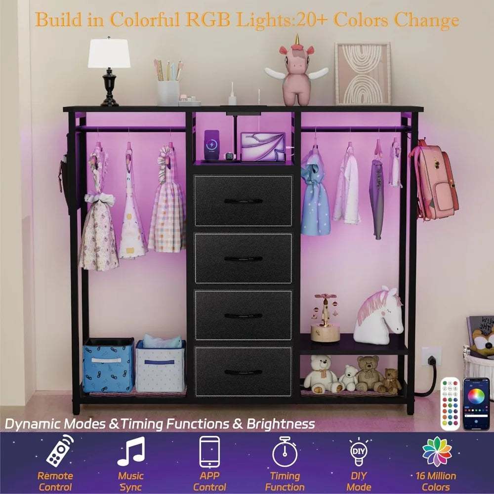 Dresser for Bedroom with 2 Clothes Racks, 4 Drawer Closet with Led Light and Charging Station, Black Wardrobe with Hanging Rack,