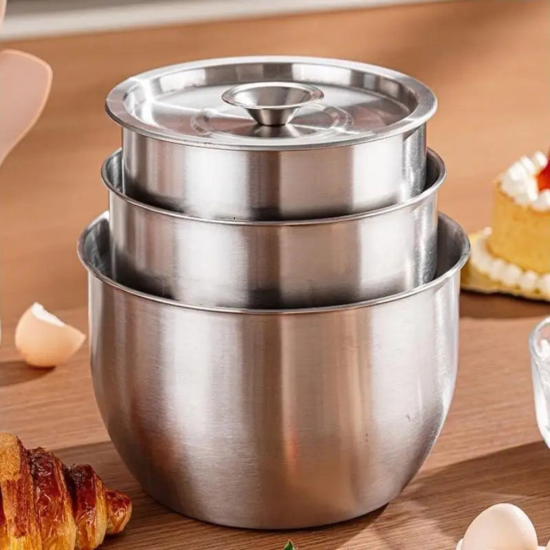 Kitchen Stainless Steel Egg Beater Basin Fruit Salad Stirring Seasoning Bowl With Lid Food Storage Container Home Cooking Tools