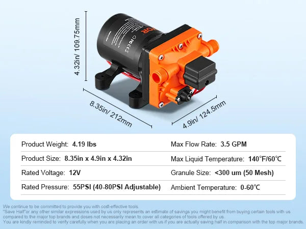 VEVOR RV Water Pressure Diaphragm Pump 3.3GPM / 3.5GPM / 5.5GPM Adjustable Self Priming Sprayer Pump for Camper Marine Boat Lawn