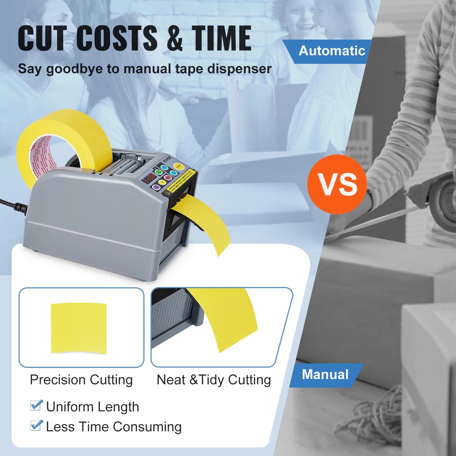 VEVOR ZCUT-9 Automatic Tape Cutting Machine Paper Slitting Dispenser 6-60mm Adhesive Electric Tape Cutter for Product Packaging