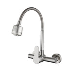 Wall Mounted Double Hole Kitchen Lead Free Hot and Cold Water Mixing Faucet Water Flow Spray Aerator 360 Degree Rotating Hose