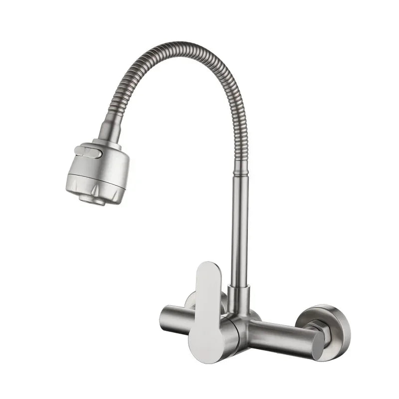 Wall Mounted Double Hole Kitchen Lead Free Hot and Cold Water Mixing Faucet Water Flow Spray Aerator 360 Degree Rotating Hose