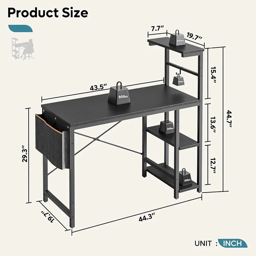 Gaming Desk With Led Lights, 44 H Pc Gamer Desk For Small Spaces, Computer Desk With Reversible Storage Shelves & Side Storage