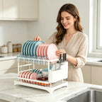2-Tier Kitchen Dish Drying Rack, Bowl Tableware Drainer with Chopsticks Knife Fork & Cup Storage Holder