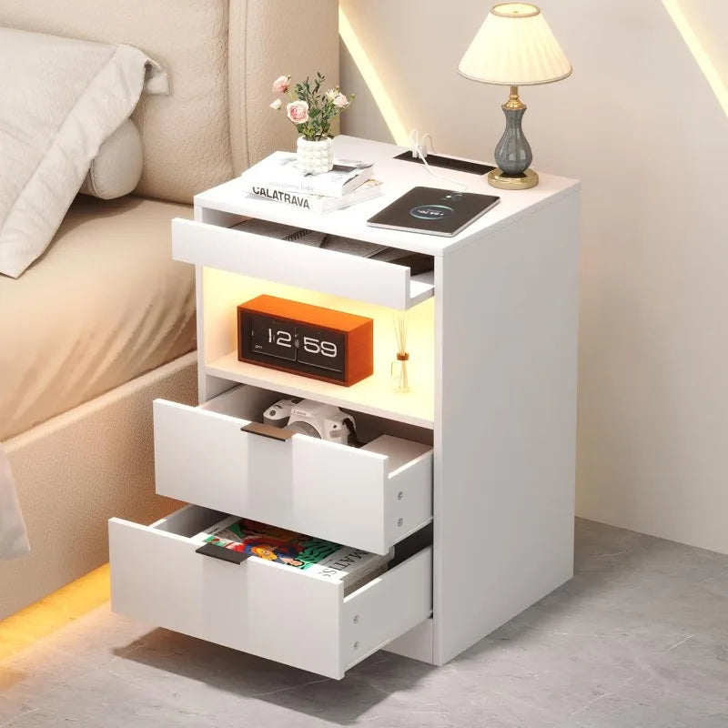 Night Stand, Bedside Table, LED Nightstand with Charging Station, Modern Night Stand, Wood Sofa Couch End Side Table