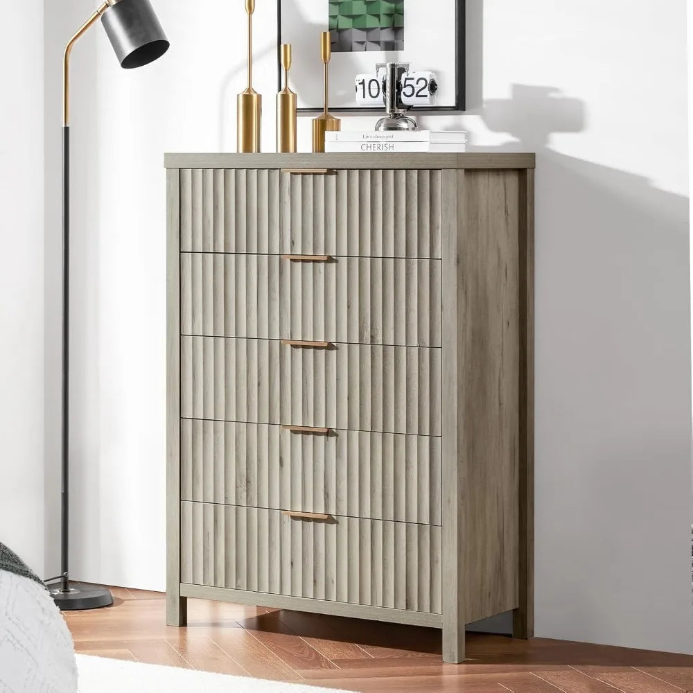 5 Drawers Dresser for Bedroom, 44 Inches Tall Modern Bedroom Dressers, Chest of Drawers for Bedroom, Fluted Dresser for Closet O