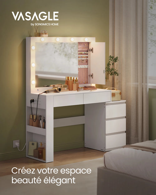 Dressing Table, Makeup Table with Drawer, Power Strip, 40 x 125 x 140 cm, Modern Design, Cloud White