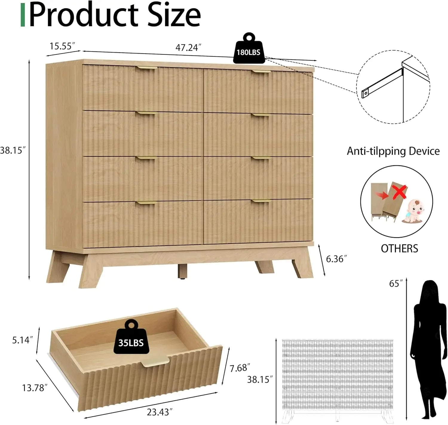 Fluted Dresser for Bedroom with 8 Drawers, 48" Wide Modern Chest of Drawers with Metal Handle, Wooden Dresser TV Stand, Wood