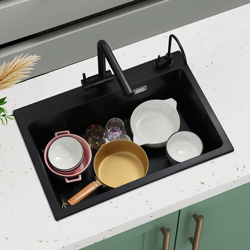 Black Quartz Stone Sink, Kitchen Large Single Sink, Household Vegetable Embedded Countertop Sink