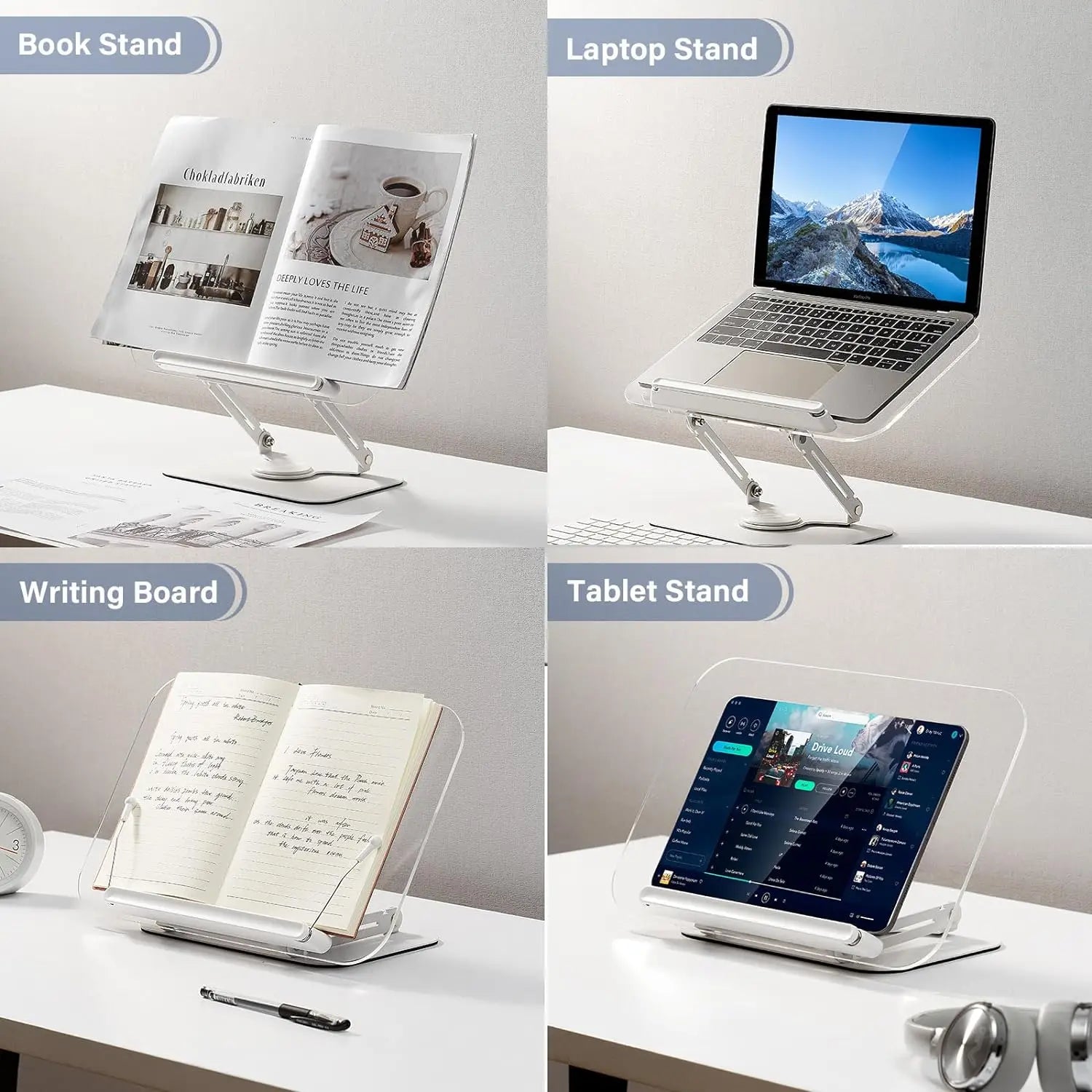 Book Stand for Reading, Adjustable Book Holder with 360° Rotating Base & Elastic Page Clips, Foldable Cookbook Stand for Office