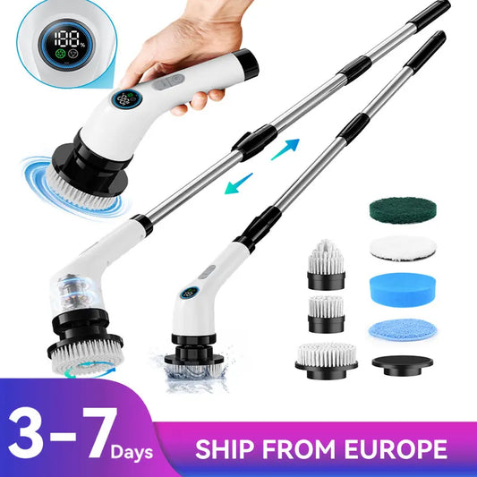 Electric Spin Scrubber Shower Scrubber Cordless Cleaning Brush with 7 Replaceable Brush Heads and Squeegee Adjustable Extension