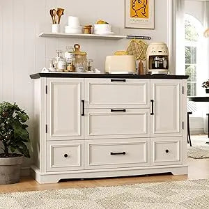 Farmhouse 48" Buffet Cabinet with Storage,Coffee Bar for Kitchen,Living Room,Wood Rustic Sideboard Cabinet w/5 Drawers&2 Groove