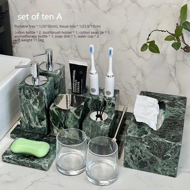Luxury Marble Bath Set: Shampoo Bottles, Tray & Canister Organizer, Natural Stone Accessories for Home & Hotel Bathroom Decor